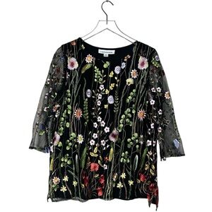 Caroline Rose Colorful Black Floral Embroidered Tunic Top 3/4 Sleeve Size Small